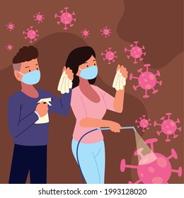 couple using masks alcohol spray prevention covid