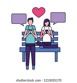 couple using mobile in the bench park