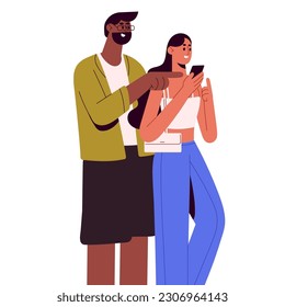 Couple using mobile phone together. Happy man pointing with finger, woman uses smartphone, searching information with internet, cellphone. Flat vector illustration isolated on white background