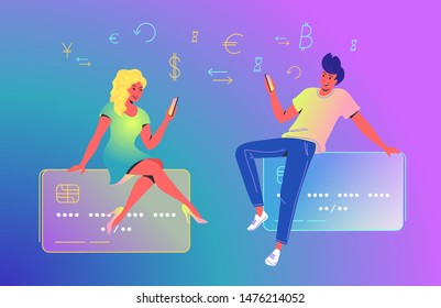 Couple using a new mobile app for online banking. Concept vector illustration of couple sitting on big credit card with smartphone and using mobile app for electronic banking and financial accounting