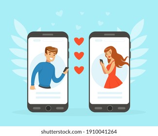 Couple Using Online Dating Platform, Man and Woman Chatting via Video Call, Virtual Relationships, Social Distancing Concept Vector Illustration