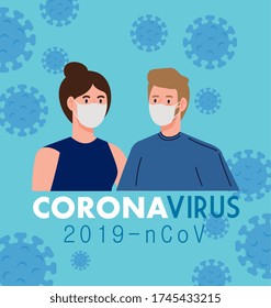 couple using protective surgical mask for covid 19 prevention vector illustration design