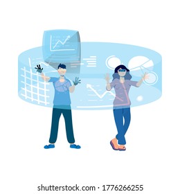 couple using reality virtual tech in interactive display vector illustration design