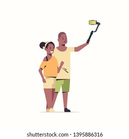 couple using selfie stick lovers taking photo on smartphone camera african american man woman having fun male female cartoon characters full length white background