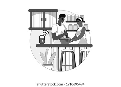 Einige mit einem intelligenten Lautsprecher, um das Essen zu kochen. Flache Illustration einzeln auf weißem Hintergrund.