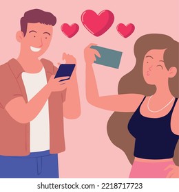pareja usando smartphone y corazones