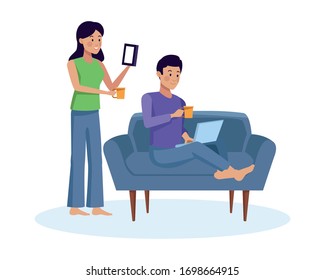 Ehepaare mit Smartphone- und Laptop-Figuren - Vektorillustration-Design