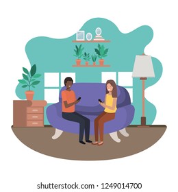 couple using smartphone in the livingroom