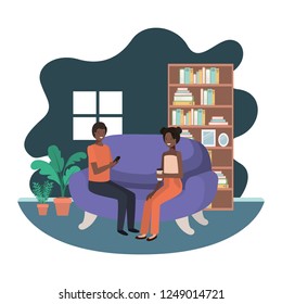 couple using smartphone in the livingroom