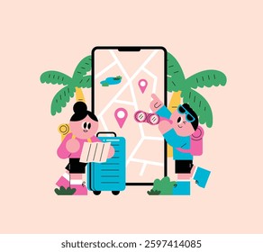 Couple using a smartphone with map to travel and explore new places Simple style illustration