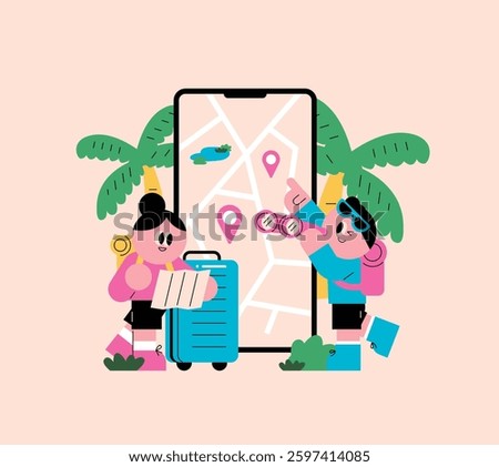 Couple using a smartphone with map to travel and explore new places Simple style illustration