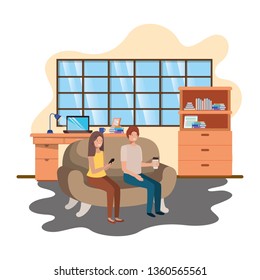 couple using smartphone in office of work