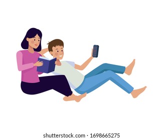 couple using smartphone and reading book vector illustration design