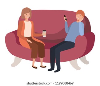 couple using smartphone in the sofa avatar character 