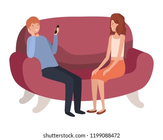 couple using smartphone in the sofa avatar character 