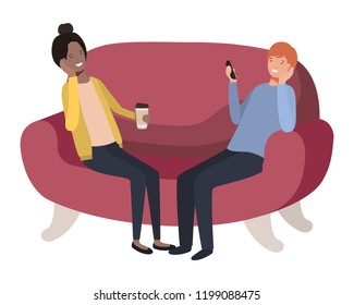 couple using smartphone in the sofa avatar character 