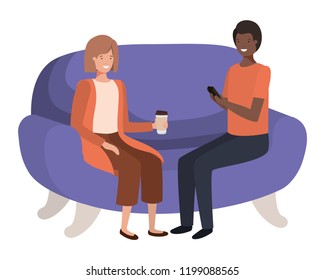 couple using smartphone in the sofa avatar character 