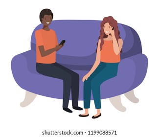 couple using smartphone in the sofa avatar character 