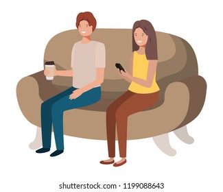 couple using smartphone in the sofa avatar character 
