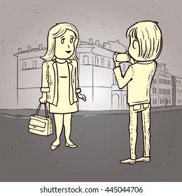 Couple using smartphone for taking a photo. Hand drawn cartoon vector illustration.