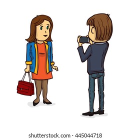 Couple using smartphone for taking a photo. Hand drawn cartoon vector illustration.