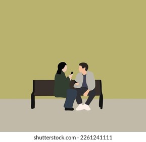 Pareja usando smartphone juntos al aire libre en parque público. Medios sociales mientras se relaja en un banco de la calle.