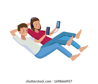 couple using smartphones avatars characters vector illustration design