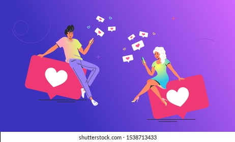 Couple using social media concept vector illustration. Young man and woman sitting on big bubbles with heart symbols using mobile app for texting and pushing like button in social media and dating app