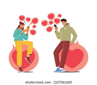 Couple Using Social Media Concept. Young Man And Woman Sitting On Big Bubbles With Hearts Use Mobile App For Texting And Pushing Like Button In Social Media And Dating App. Cartoon Vector Illustration