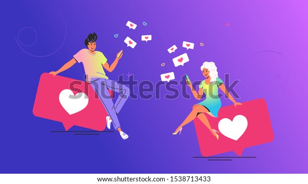 Couple using social media concept vector\
illustration. Young man and woman sitting on big bubbles with heart\
symbols using mobile app for texting and pushing like button in\
social media and dating\
app