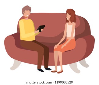 couple using tablet in the sofa avatar character