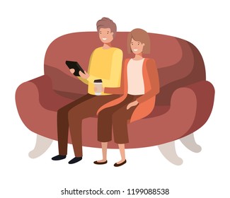 couple using tablet in the sofa avatar character