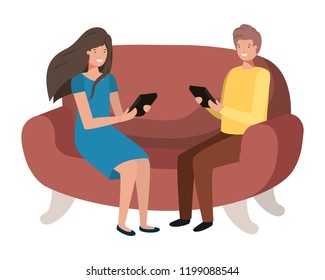 couple using tablet in the sofa avatar character
