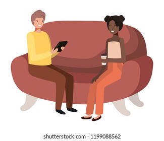 couple using tablet in the sofa avatar character