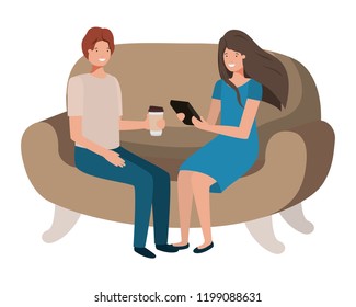 couple using tablet in the sofa avatar character