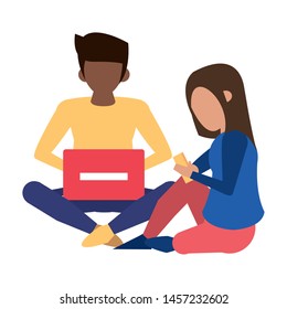 couple using technology devices cartoon vector illustration graphic design