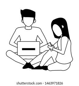 couple using technology devices cartoon vector illustration graphic design