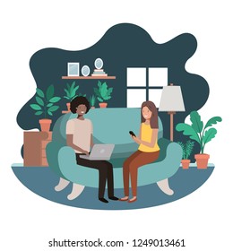 couple using technology devices in the livingroom