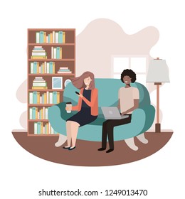 couple using technology devices in the livingroom