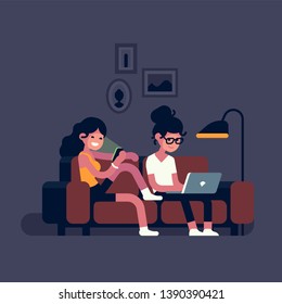 Couple using their mobile devices whilst sitting on couch, flat design vector illustration. Cheerful adult young women  using home Wi Fi access enjoying media content and social network