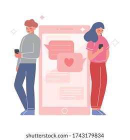 Couple Using Website or Mobile Application for Dating, Virtual Relationships Vector Illustration