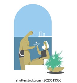Couple in vacation in Greek island, having drinks in stylish environment.