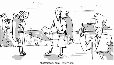 Couple in vacation reading the map and the travel agent. Vector sketch for cartoon, projects, storyboards