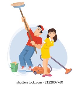 Una pareja con aspiradora hace limpieza. Mujer y hombre haciendo tareas domésticas. Plantilla de concepto de ilustración para sitio web, página de inicio web, banner, presentación, social, afiche, promoción o medios impresos.
