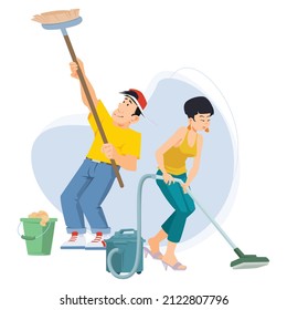 Couple with vacuum cleaner does cleaning. Woman and man doing housework. Illustration concept template for website, web landing page, banner, presentation, social, poster, promotion or print media.