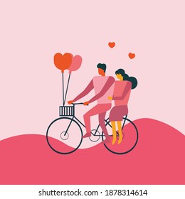 Couple Valentine. Lover Dating Using Bicycle With Love Symbol Cartoon Character