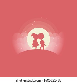 Couple Valentine Silhouette Flat Design With CLouds and Light Background
