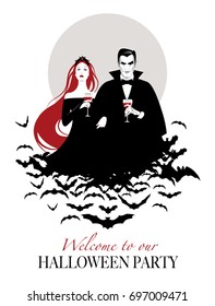Couple of vampires on a cloud of bats holding red wine glasses