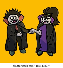 Couple of vampires on the yellow background, cartoon style, love, romantic, valentine, amour, happy, fondness, affection, heart, flame of love, fall in love, halloween, autumn, masquerade, mantle, joy