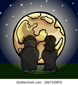 Couple of vampires, rear, back, cartoon style, love, romantic, moon, sky, stars, amour, fondness, affection, heart, flame of love, fall in love, halloween, autumn, masquerade, mantle, valentine day